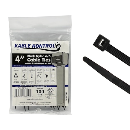 Kable Kontrol Cable Tie, 4 in L, 1 in Max Bundle Dia., Black, Nylon 6/6, 18 lb Strength, 100 PK CT242